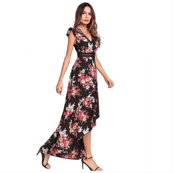 Black Floral Boho High Low Dress With Open Back - Picture 3 of 6